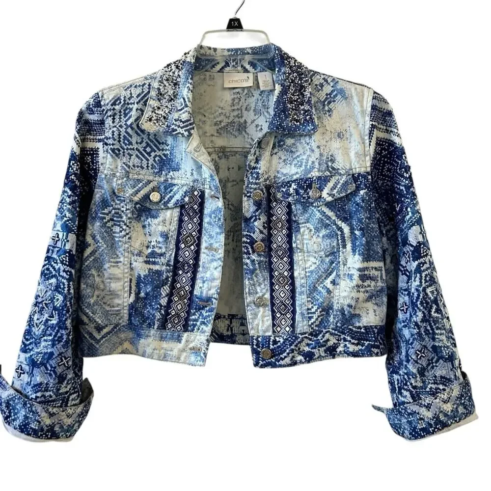 Chicos Mixed Artisan Pattern Beaded Cropped Blue and White Jean Jacket Medium